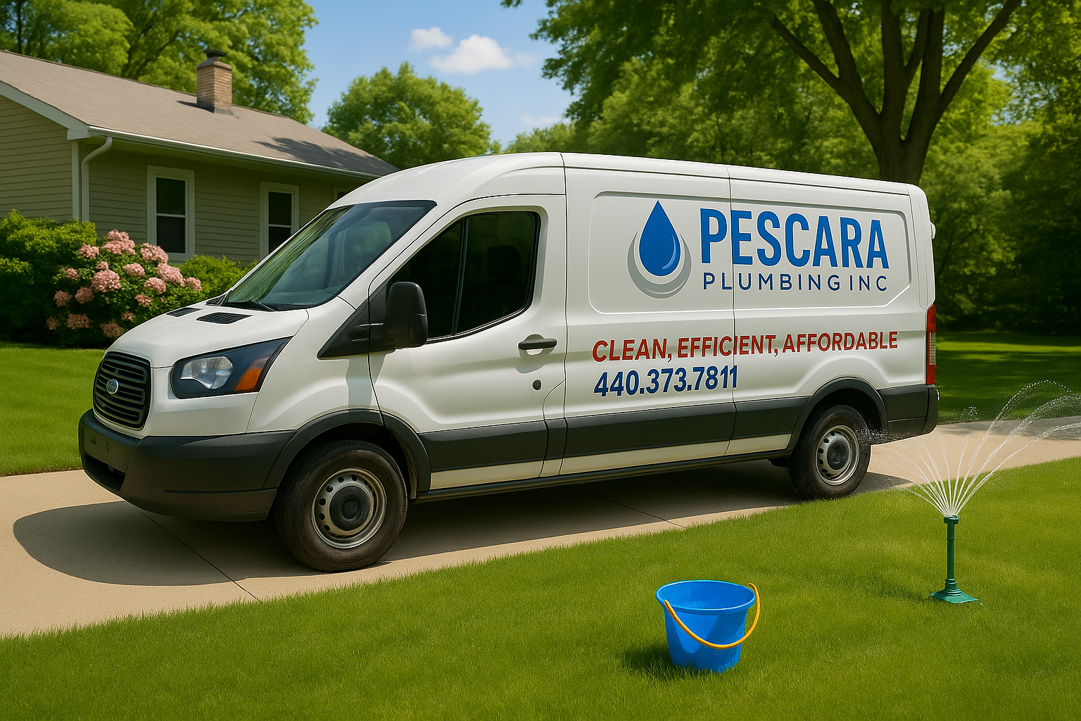White Pescara Plumbing van parked on a suburban lawn with blue buckets and sprinkler equipment.