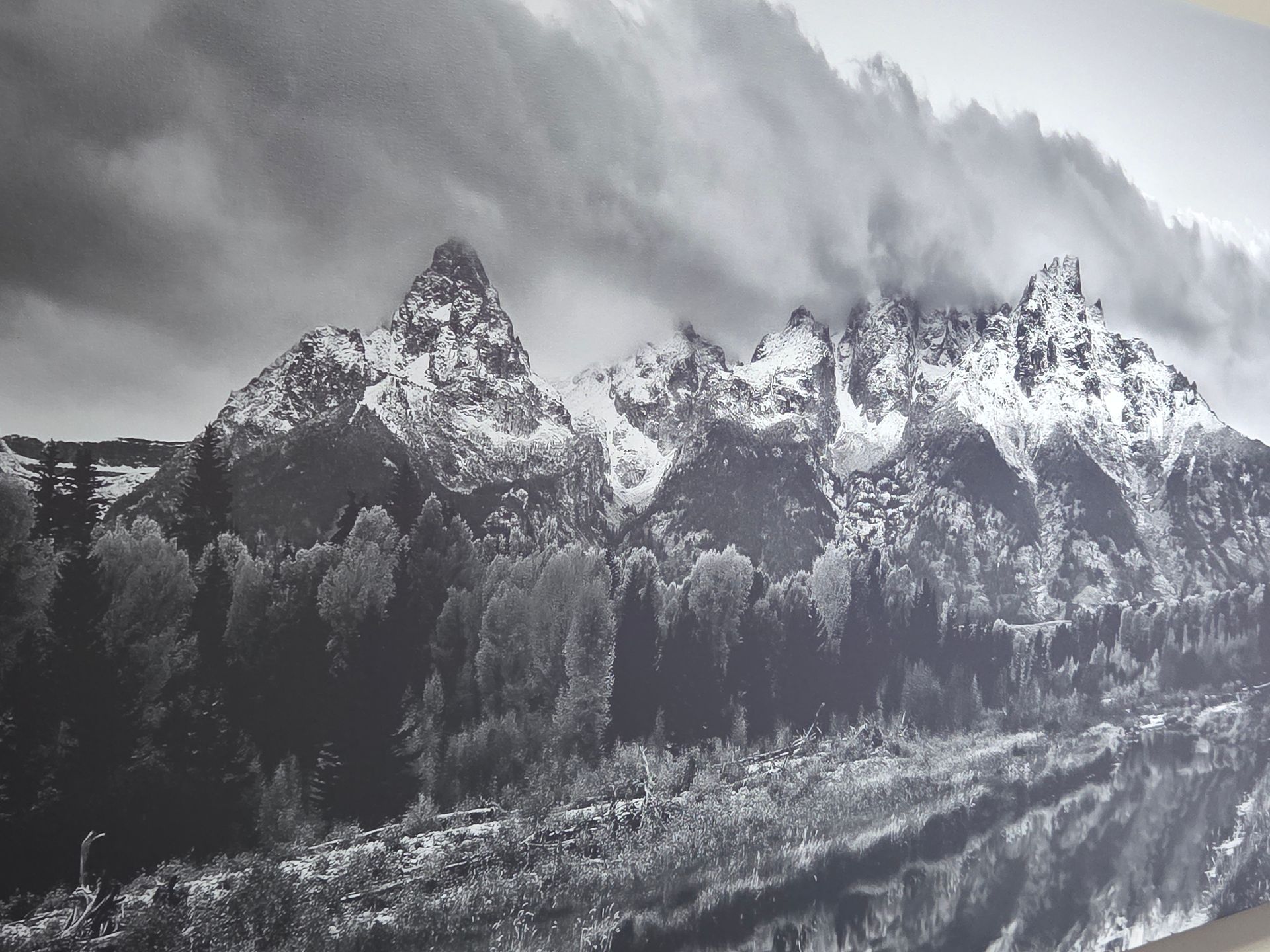 Black and white landscape of snow-capped mountains and a forest reflected in a body of water, under a cloudy sky.
