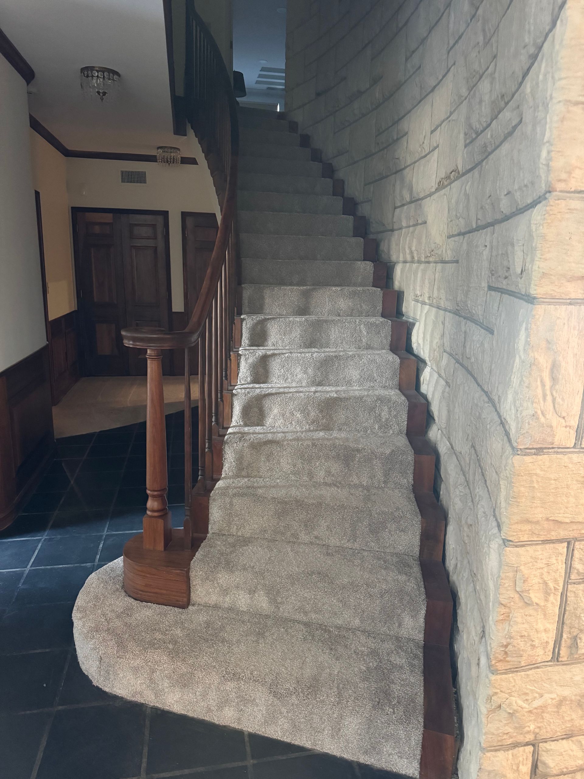 Staircase with carpeted steps, wooden handrail, and stone-textured wall.