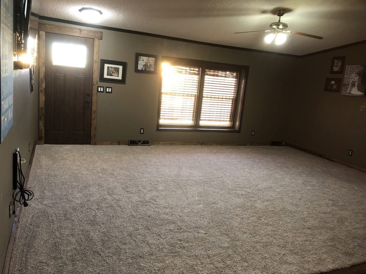 A living room with brown walls, plush carpet, a closed wooden door, and a window with blinds; light streams in.