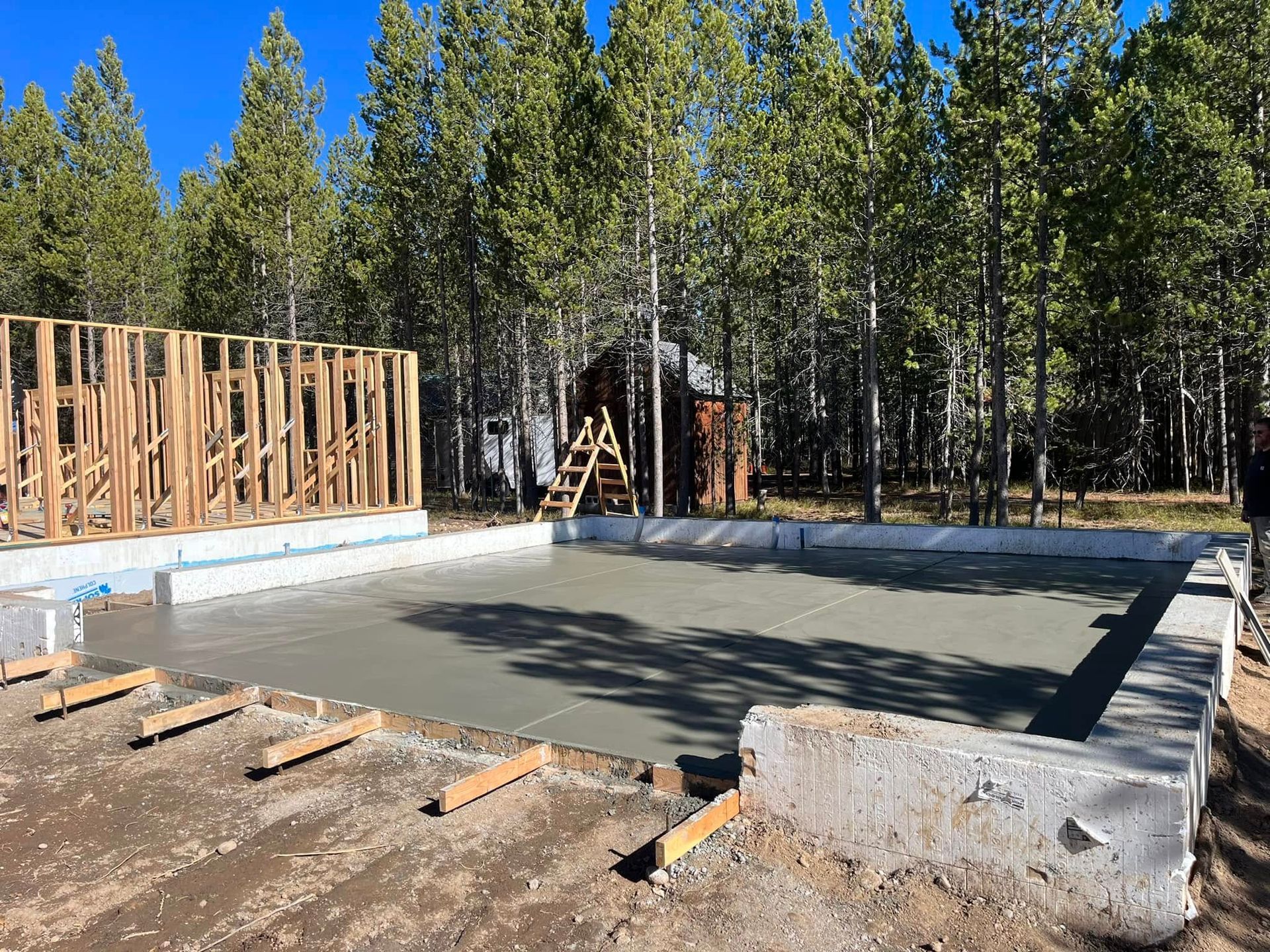 A concrete base for a house is being built in the woods