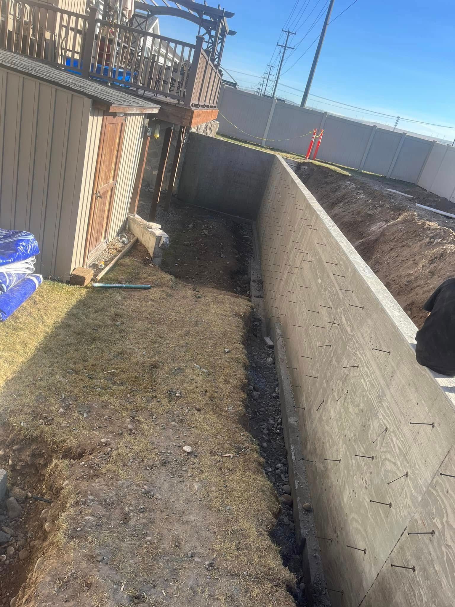 A dog is standing next to a concrete wall in a yard