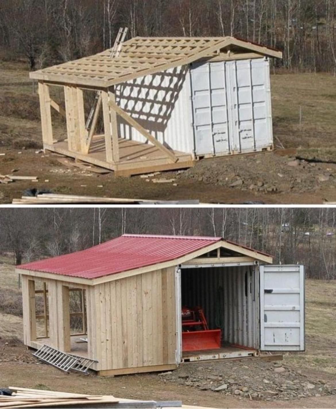 A shed is being built out of a shipping container
