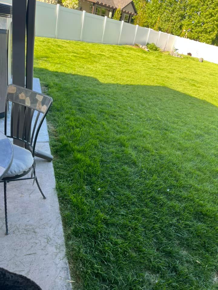 A chair is sitting on a patio next to a lush green lawn