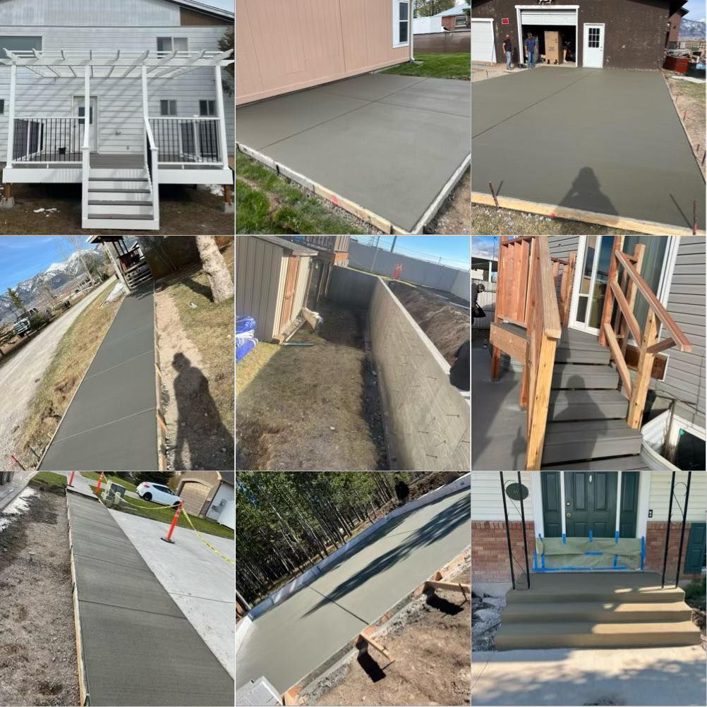 A collage of pictures of a concrete walkway and stairs