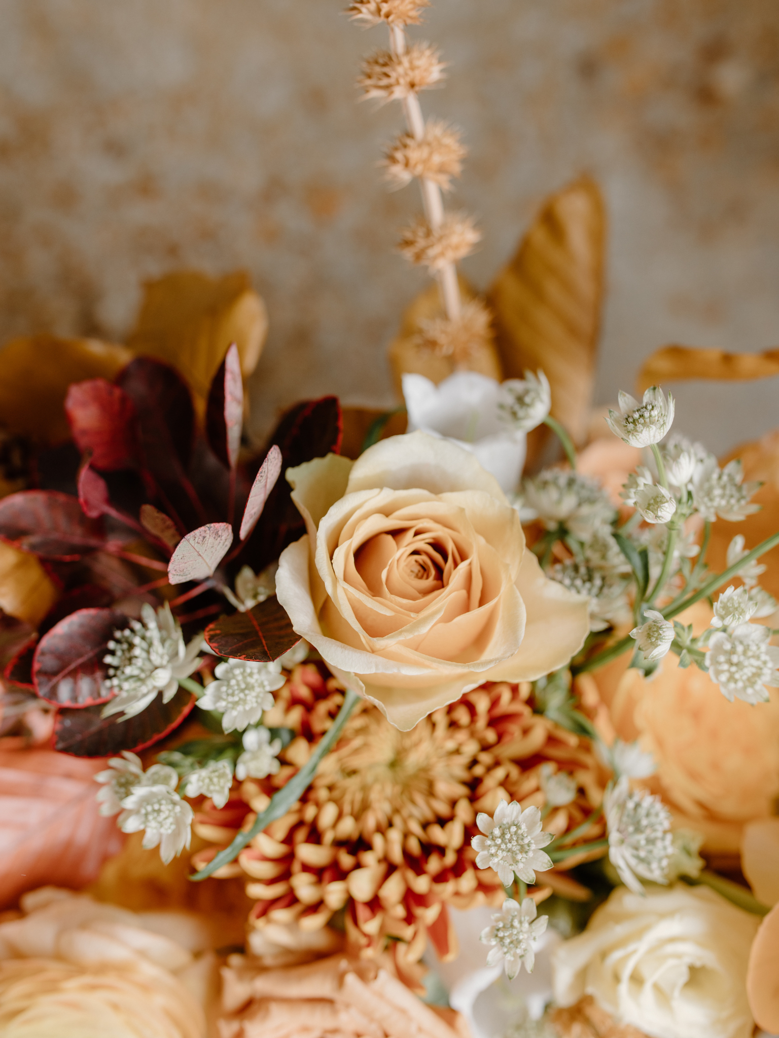 Close-up of a floral arrangement with a beige rose as a focal point, surrounded by various autumnal blooms.