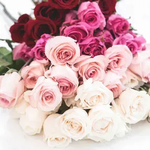 Bouquet of roses in shades of red, pink, and white.