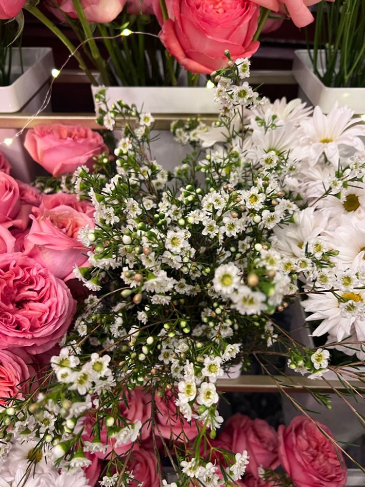 Close-up of a floral arrangement featuring pink roses, white daisies, and clusters of small white flowers.