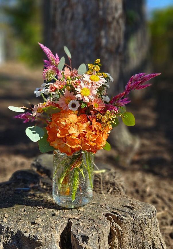 Colorful bouquet of flowers in a clear glass jar, set on a tree stump outdoors. Flowers are various colors with a prominent orange bloom.