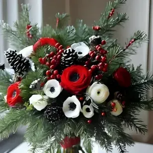 Christmas floral arrangement: red and white anemones, berries, pine, and pinecones.