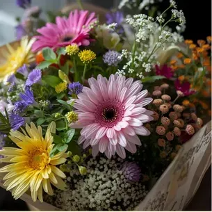 Bouquet of colorful gerbera daisies and wildflowers in a paper wrap.