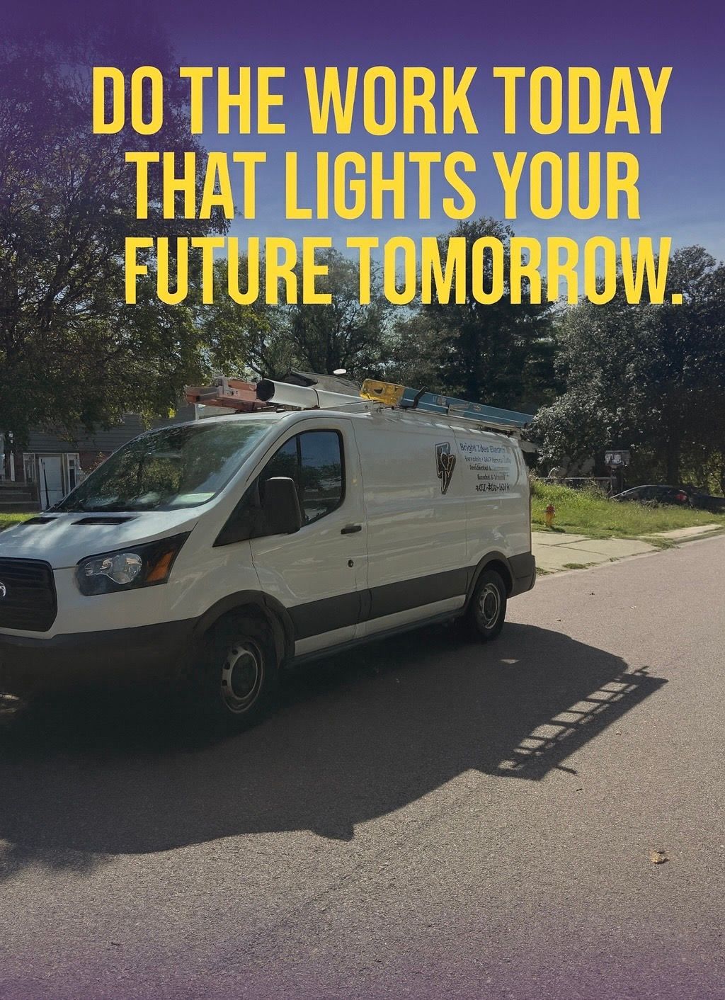 White work van parked on a street with text overlay: 