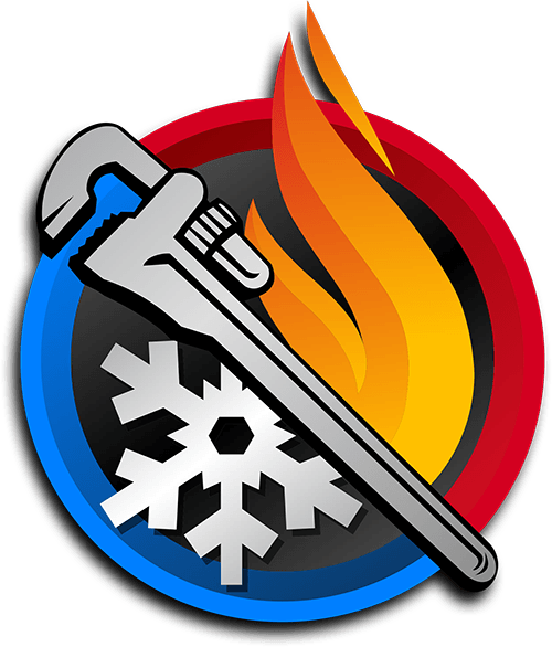 A wrench with a snowflake and fire in the background