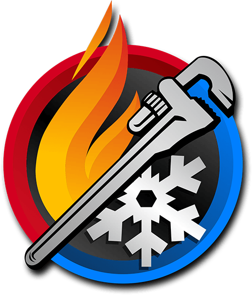 A wrench with a snowflake and a fire in the background