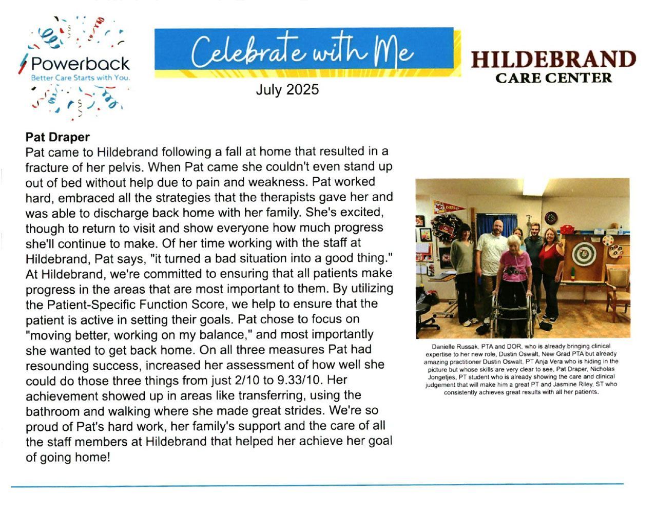 Newsletter celebrating Pat Draper. She recovered at Hildebrand Care Center. Photo shows her with staff, darts in background.