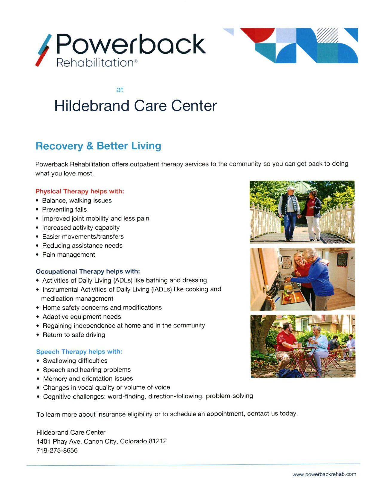 Powerback Rehabilitation flyer for Hildebrand Care Center, featuring photos and information about physical, occupational, and speech therapy services.