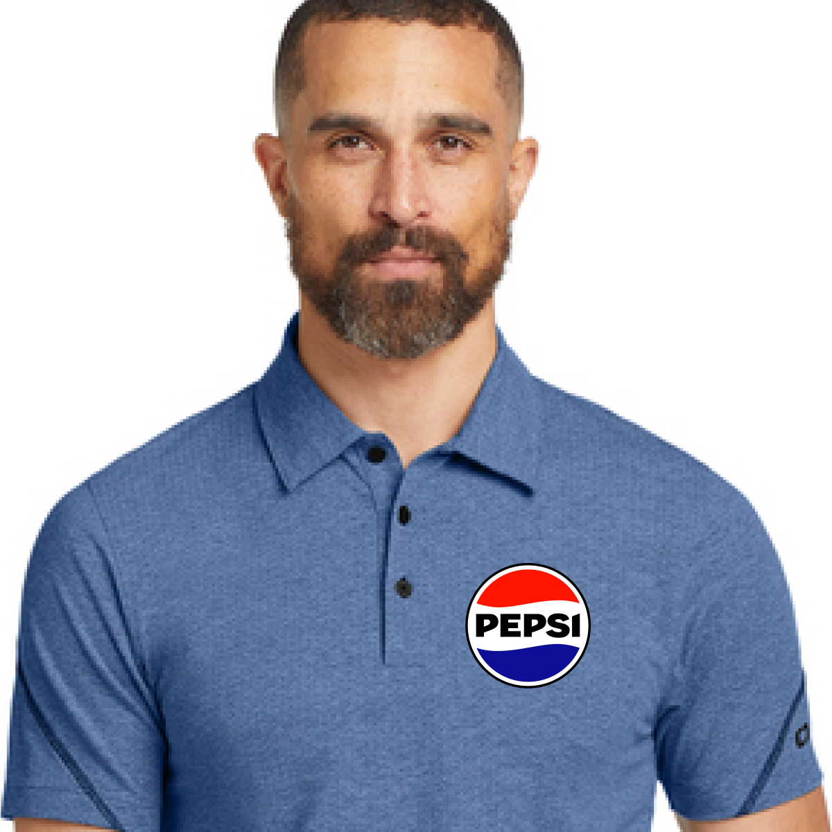 A person wearing a blue heathered polo shirt featuring a Pepsi logo on the chest.