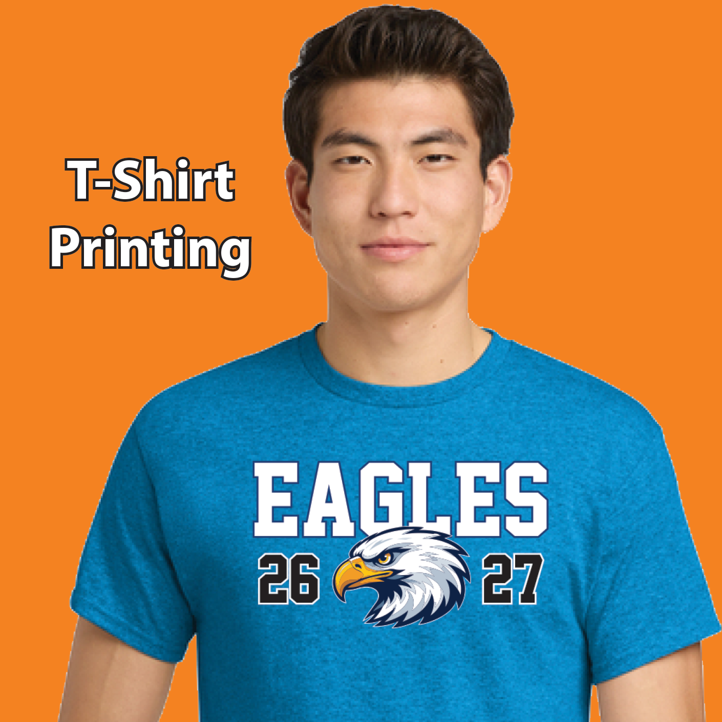 Blue T-shirt with white EAGLES text and eagle logo, shown on a model against an orange background