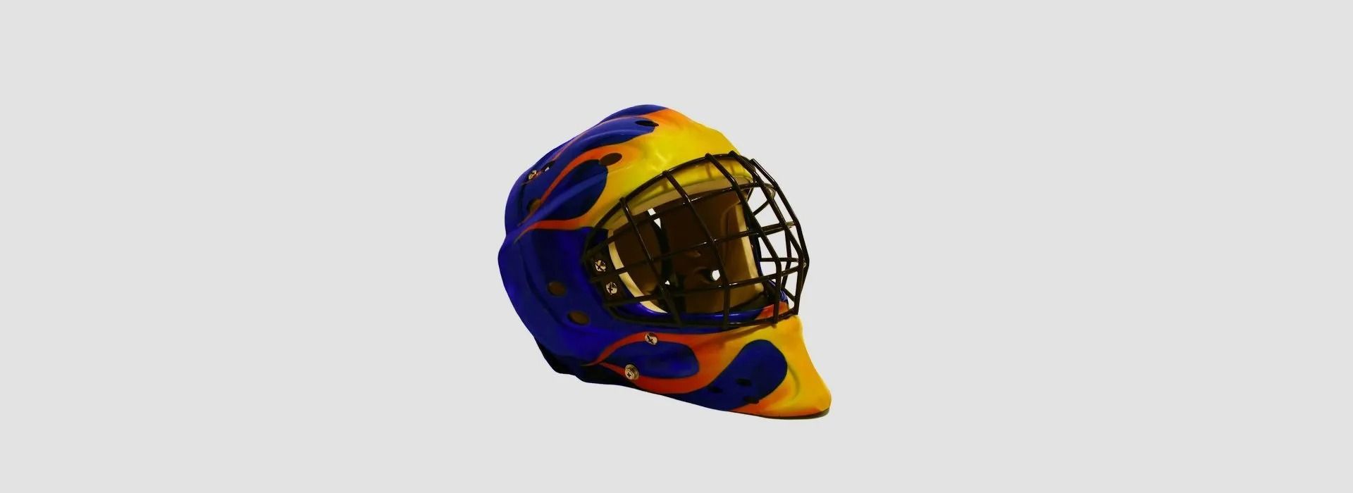 Hockey goalie mask with blue, yellow and orange flame design, black cage.