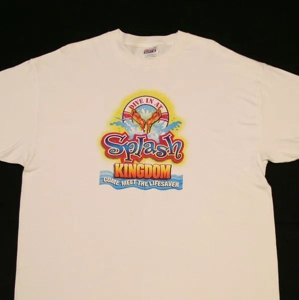 White t-shirt with a colorful Splash Kingdom logo: a sun, water, and text.