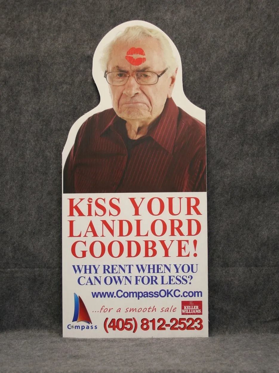 Advertisement: Elderly man with lipstick kiss on forehead, text