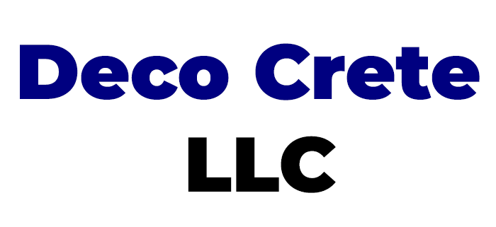 Deco Crete LLC logo in blue and black text on a white background.