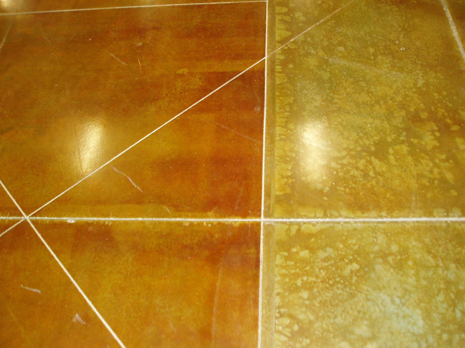 Golden-brown, square floor tiles with white grout lines. One tile is shiny, the other is mottled and lighter.