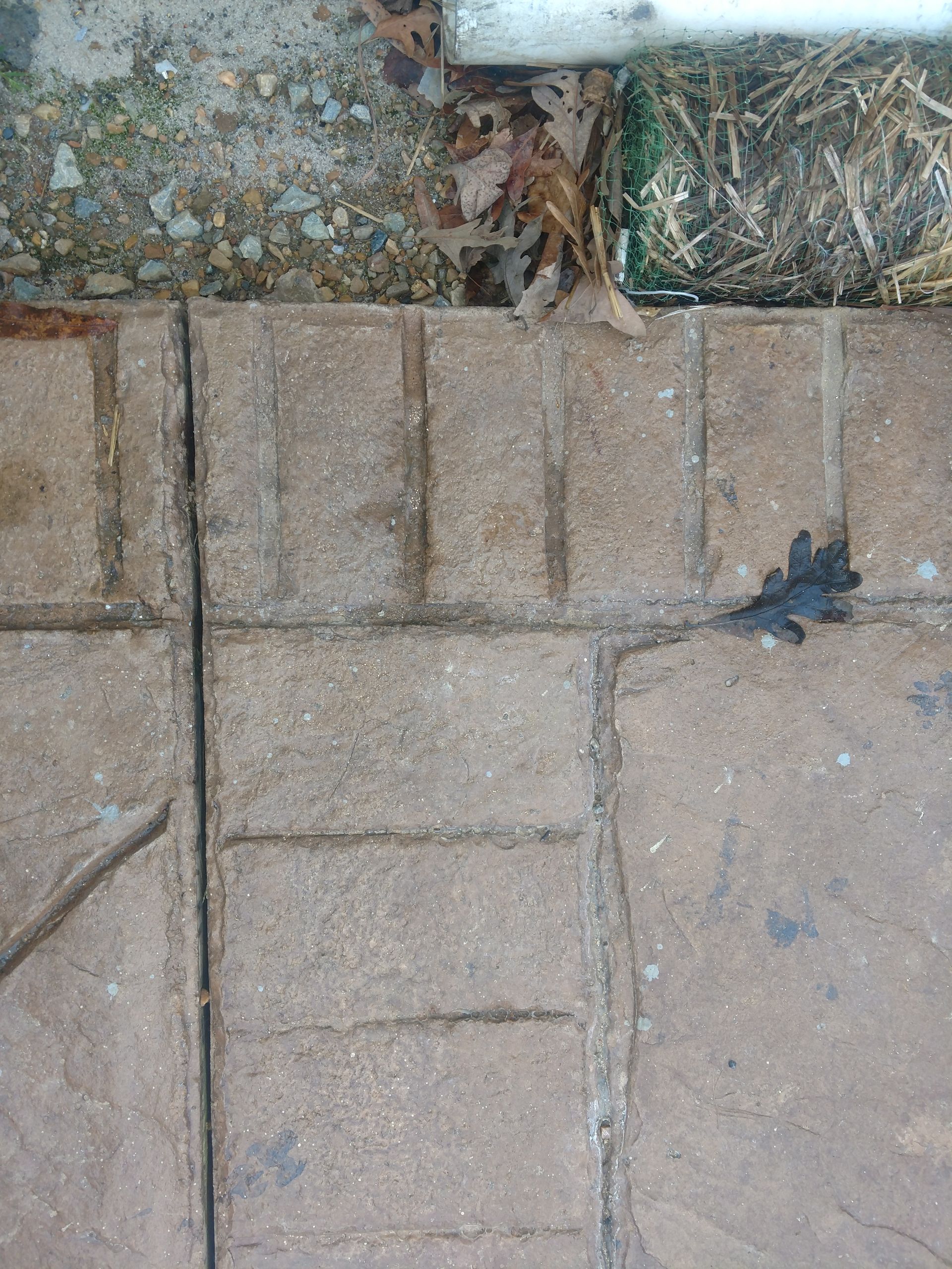 Brown brick border next to a stone path, with grass and debris along the edge.