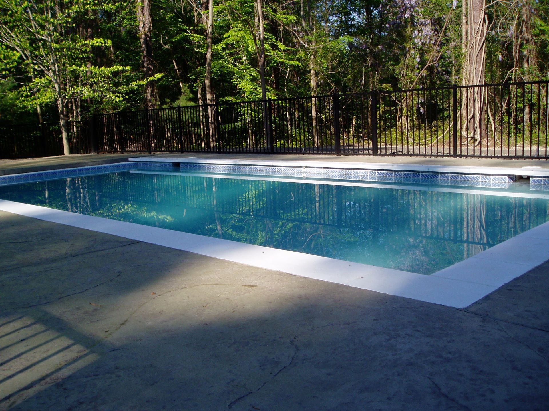 Swimming pool with blue water and white border, surrounded by a gray patio and a black fence, with trees in the background.