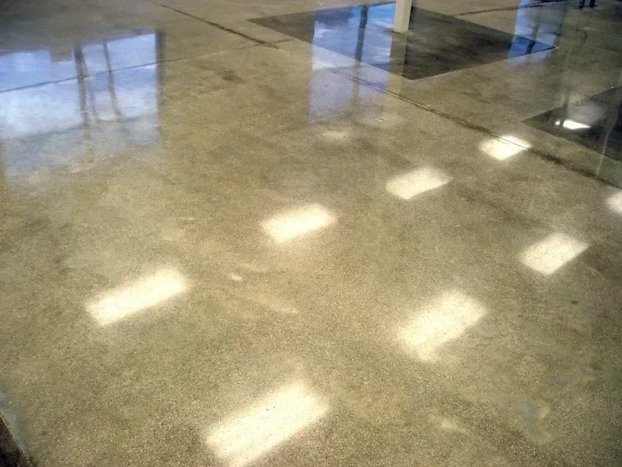 Polished concrete floor reflecting sunlight and interior.