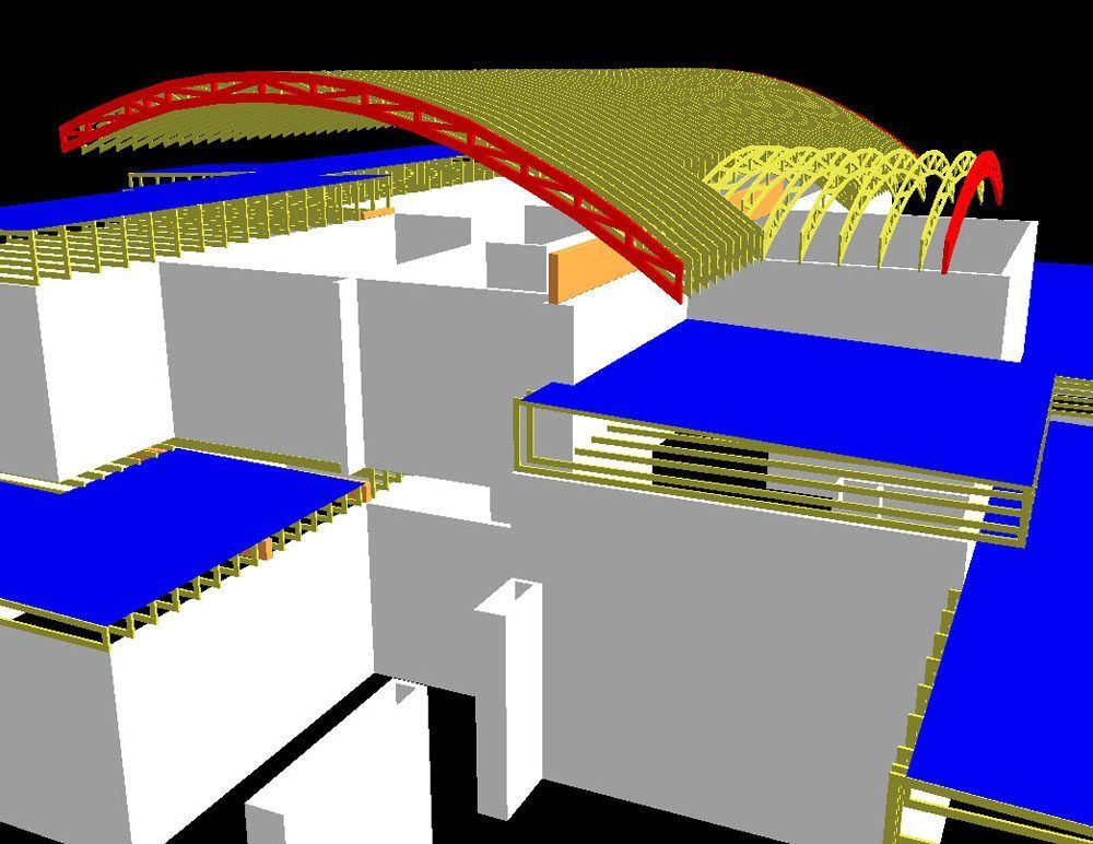 A computer generated image of a building with a blue roof