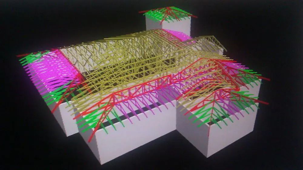 A 3d model of a building with colored lines on it.