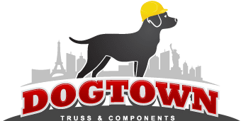 A logo for dogtown truss and components with a dog wearing a hard hat