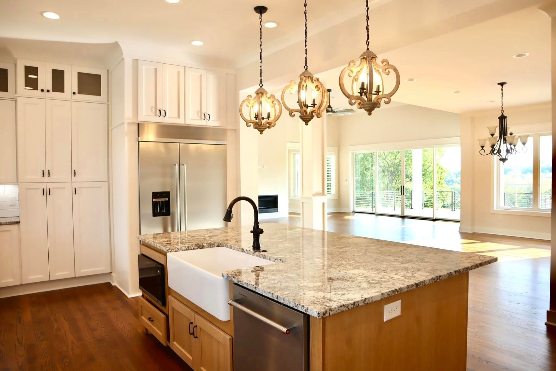 There is a large island in the middle of the kitchen.