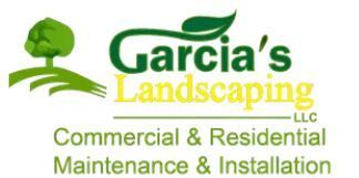 Logo for Garcia's Landscaping LLC, featuring a green tree icon and text, specializing in commercial and residential care.