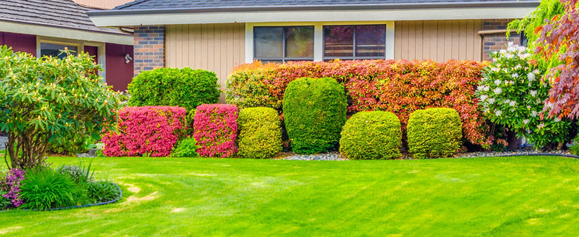 A residential house exterior features a manicured green lawn and a vibrant garden with colorful bushes and shrubs.
