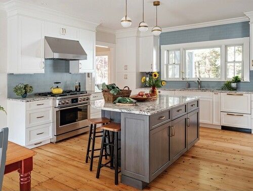 A kitchen with a large island in the middle of the room.
