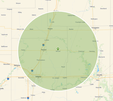 A map showing a green circle centered on Ashland, Nebraska, encompassing parts of surrounding states.