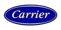 Carrier logo in white script on a blue oval background