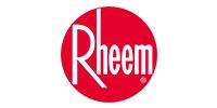 Rheem logo: white text in a red circle on a white background