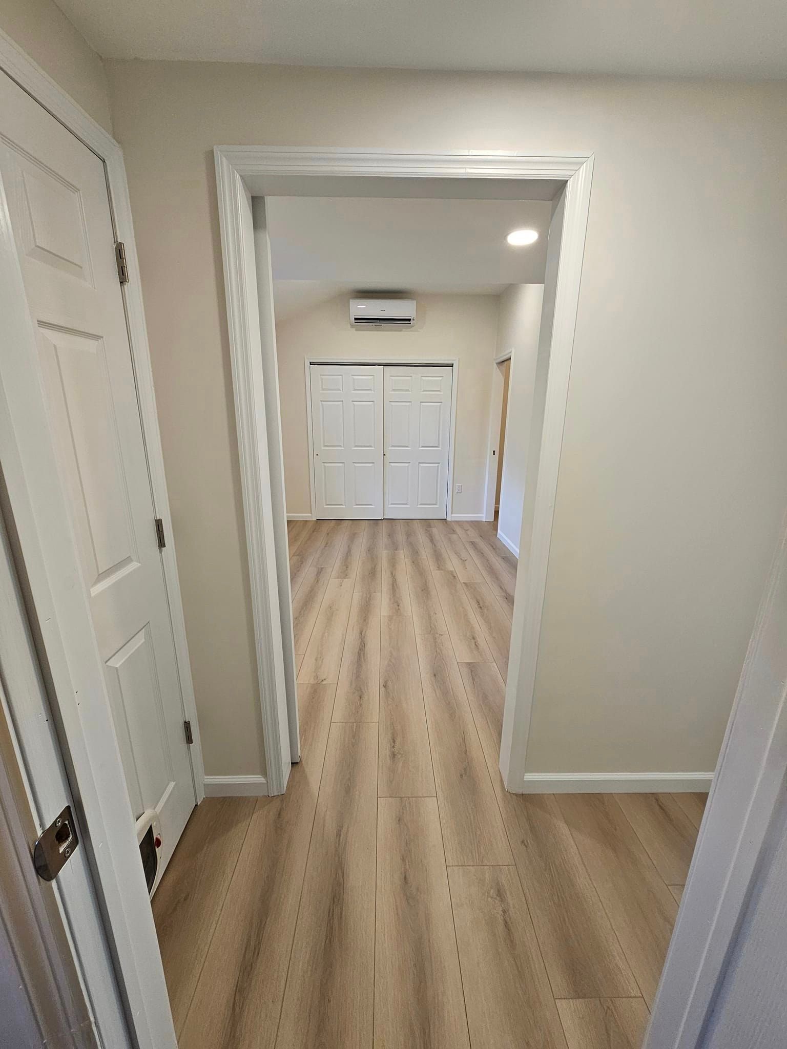 A hallway with hardwood floors and white doors leading to a bedroom.