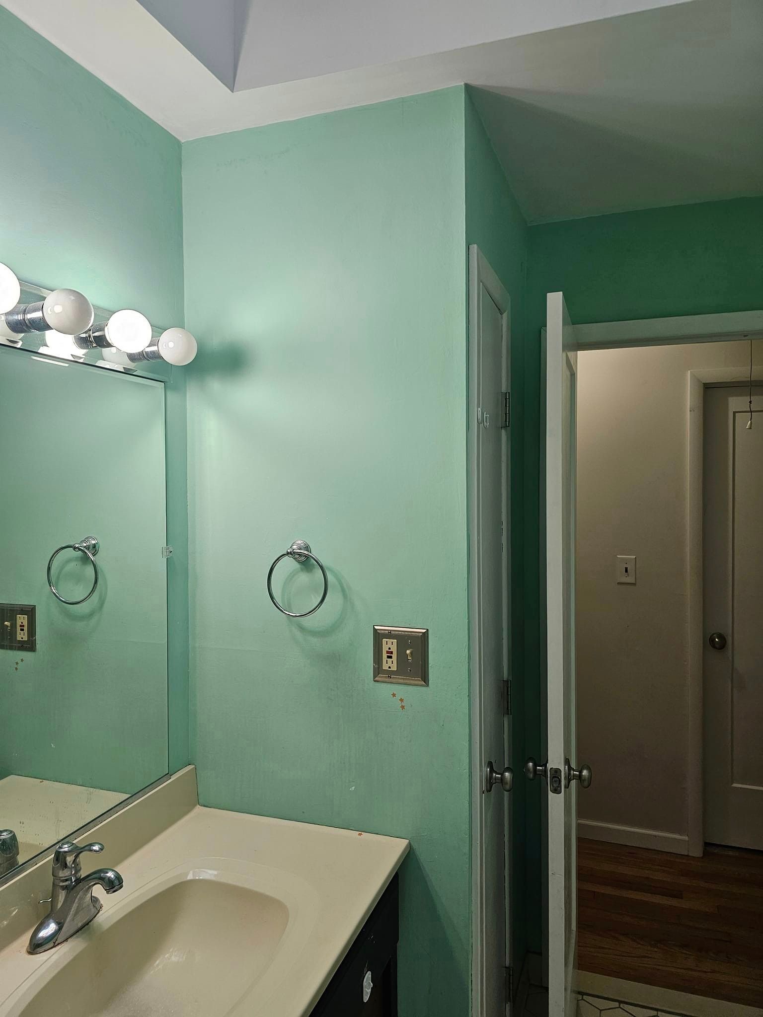 A bathroom with green walls, a sink and a mirror.