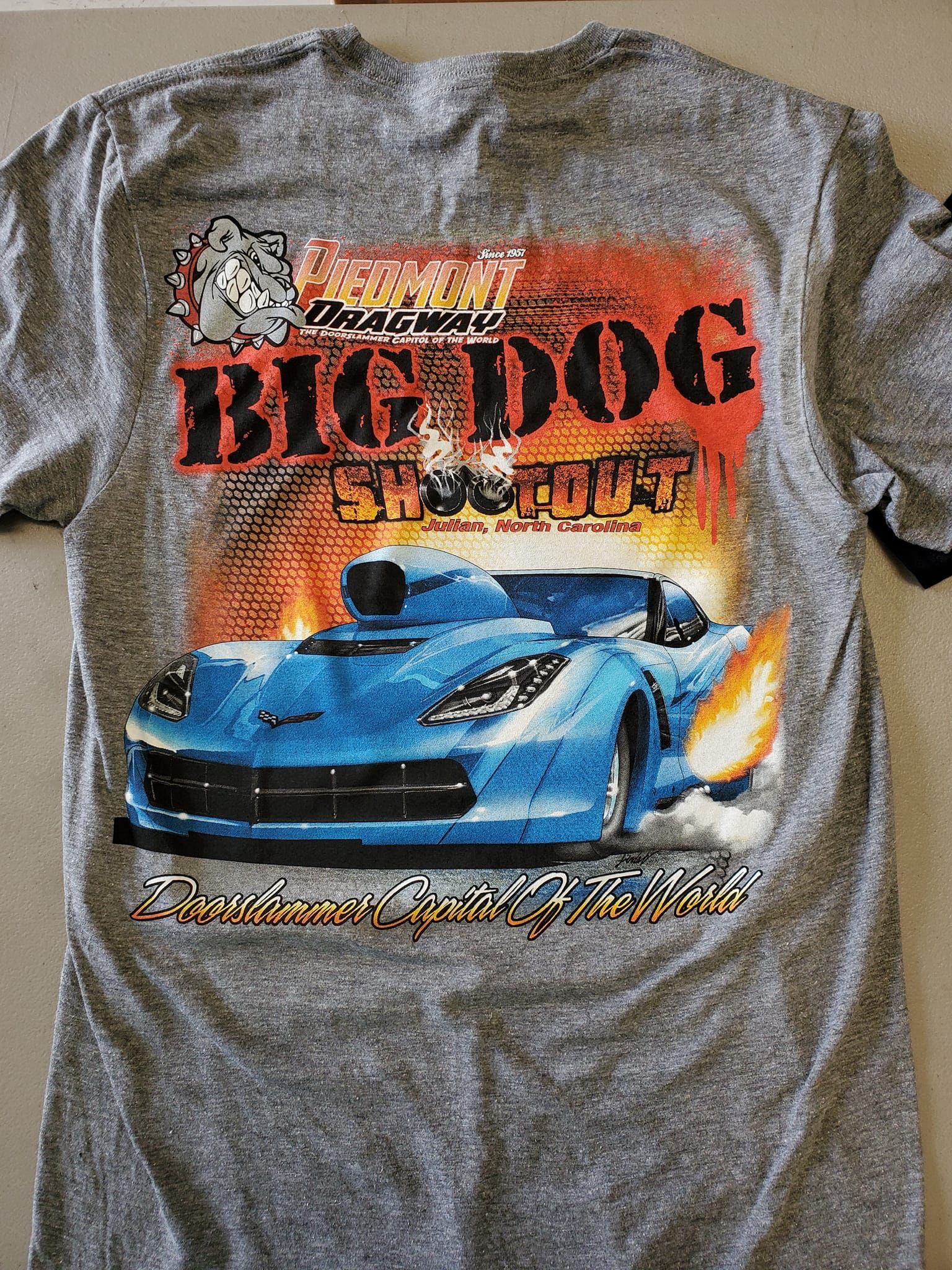 The back of a gray t-shirt with a blue car on it.