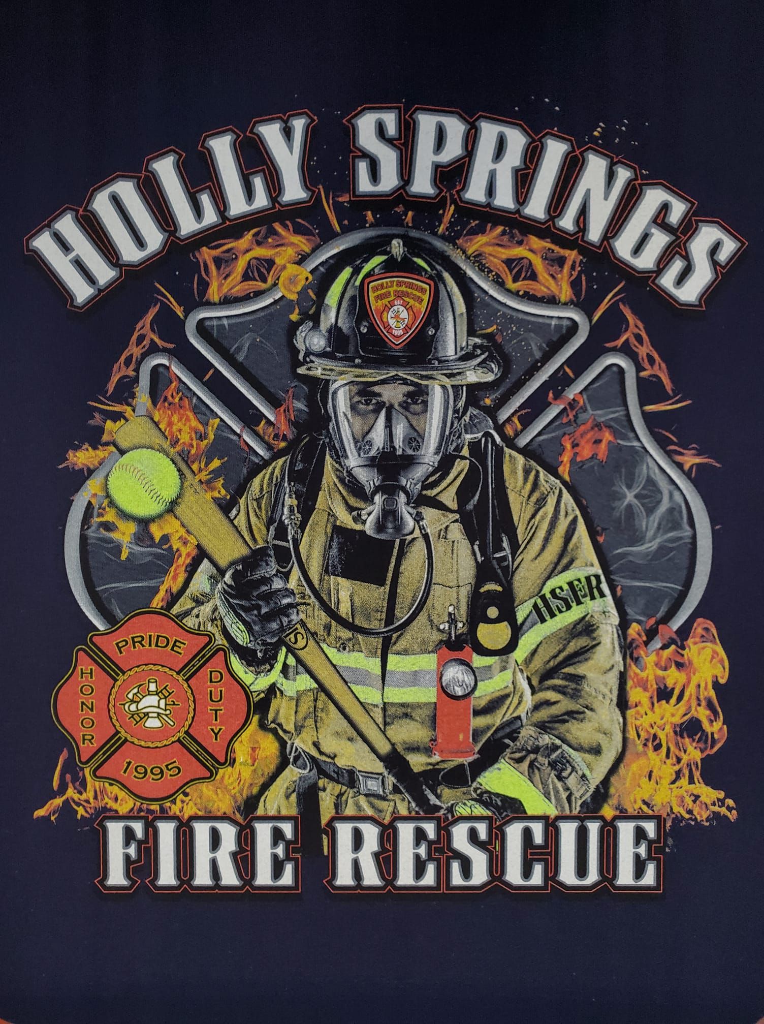 A holly springs fire rescue poster with a fireman holding a hammer.