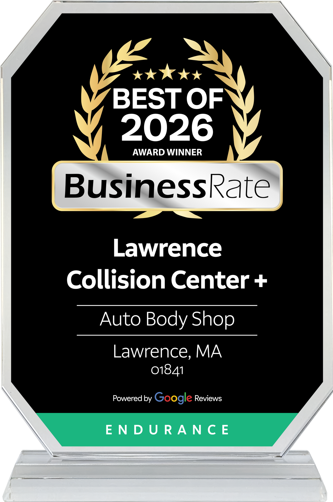 A BusinessRate 2026 award plaque for Lawrence Collision Center+ in Lawrence, MA, featuring a gold laurel on black.