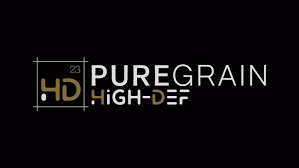 A logo for puregrain hd high def on a black background