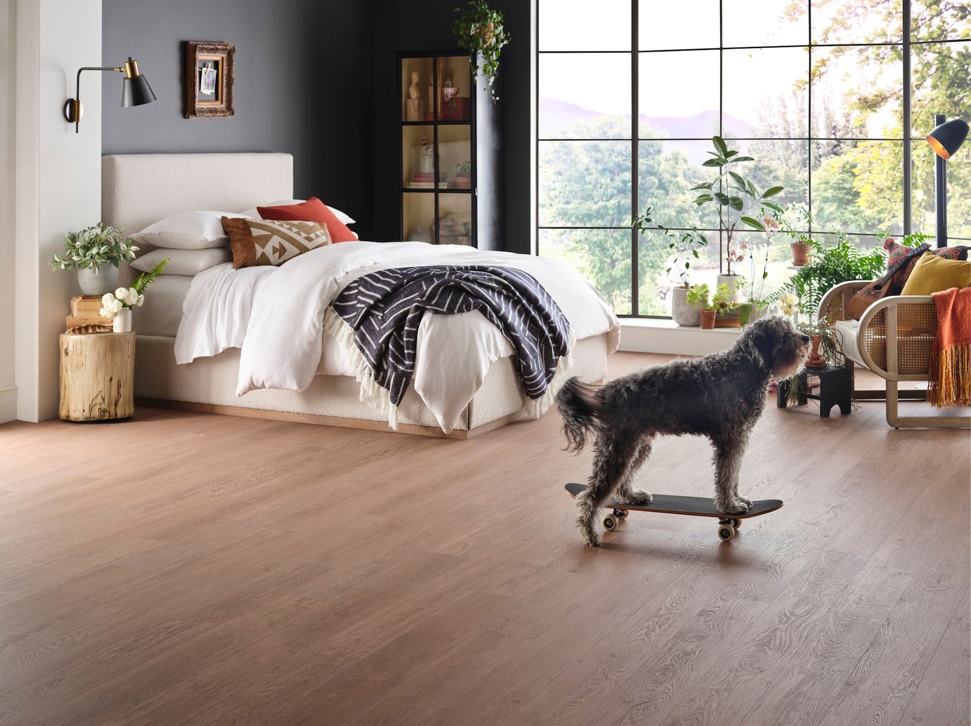 A dog is standing on a skateboard in a bedroom next to a bed.