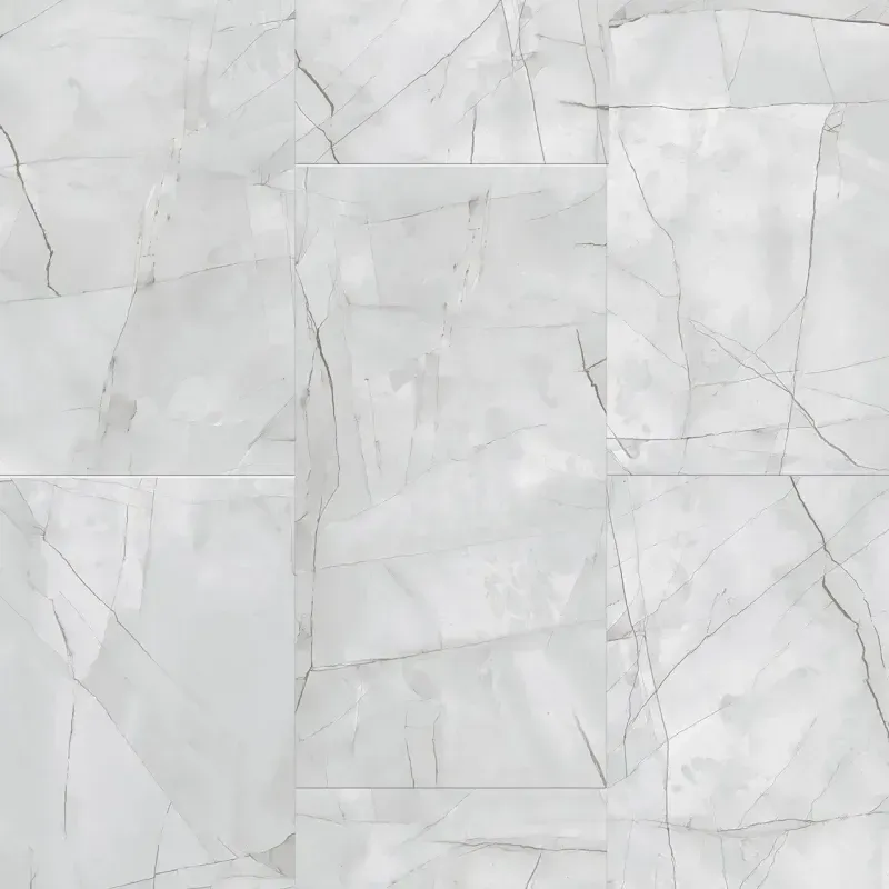 A close up of a white marble tile floor.
