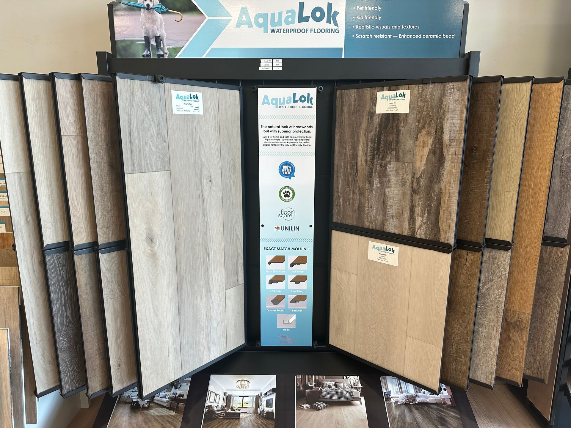 A display of different types of flooring in a store.