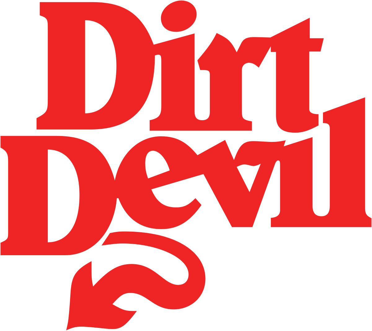 A red dirt devil logo on a white background